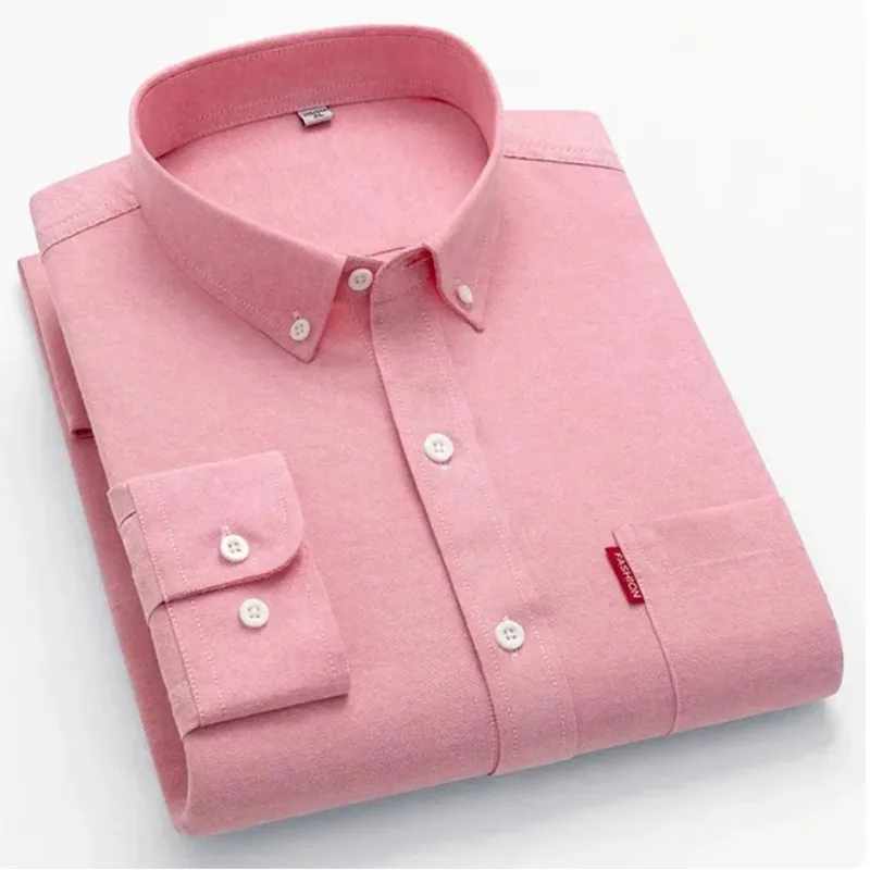 M- 5XL Oxford Shirts For Mens Long Sleeve Cotton Casual Dress Shirts Male Solid Pink Chest Pocket Regular-Fit Man Social Shirt