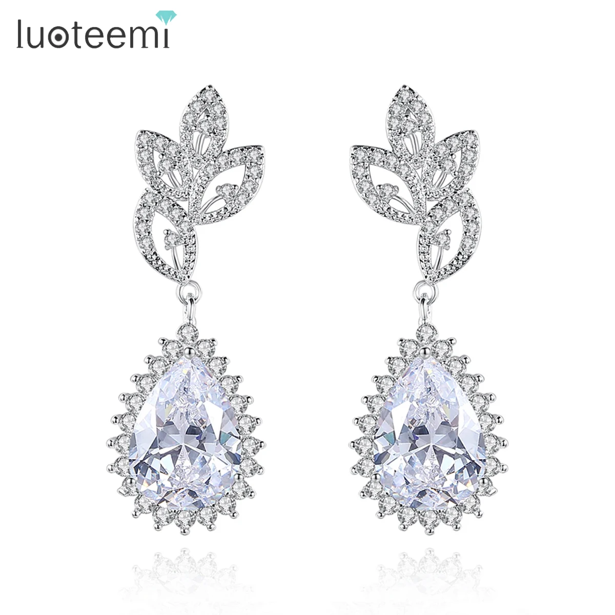 

LUOTEEMI Water Drop Rhinestone Long Pendant Big Crystal Leaf Silver Plated Earrings for Women Elegant Bridal Wedding Jewelry