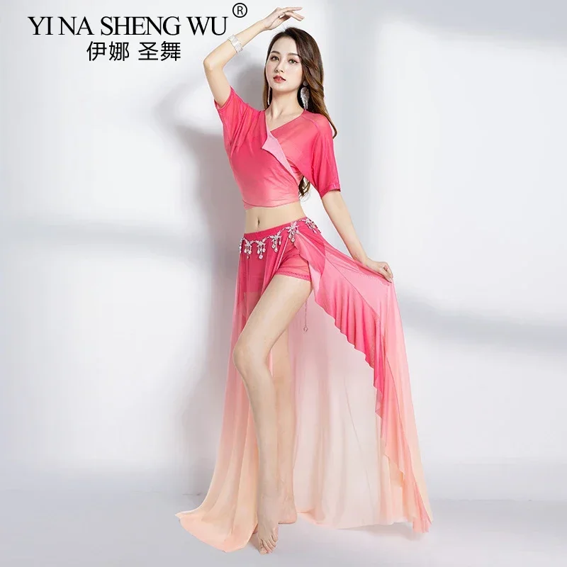 ชุดการแสดงระบำหน้าท้องแบบอียิปต์สำหรับผู้หญิง ชุดเต้นรำสำหรับผู้ใหญ่ กระโปรงแยกสีไล่ระดับ ชุดฝึกซ้อมเต้น