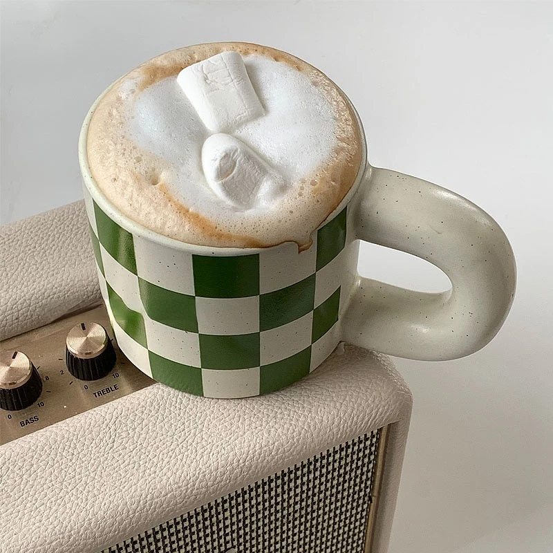 

Retro Green Checkerboard Ceramic Mug Fat Cup Pitted Coffee Cup Latte Cup Couple Water Korean Accessories