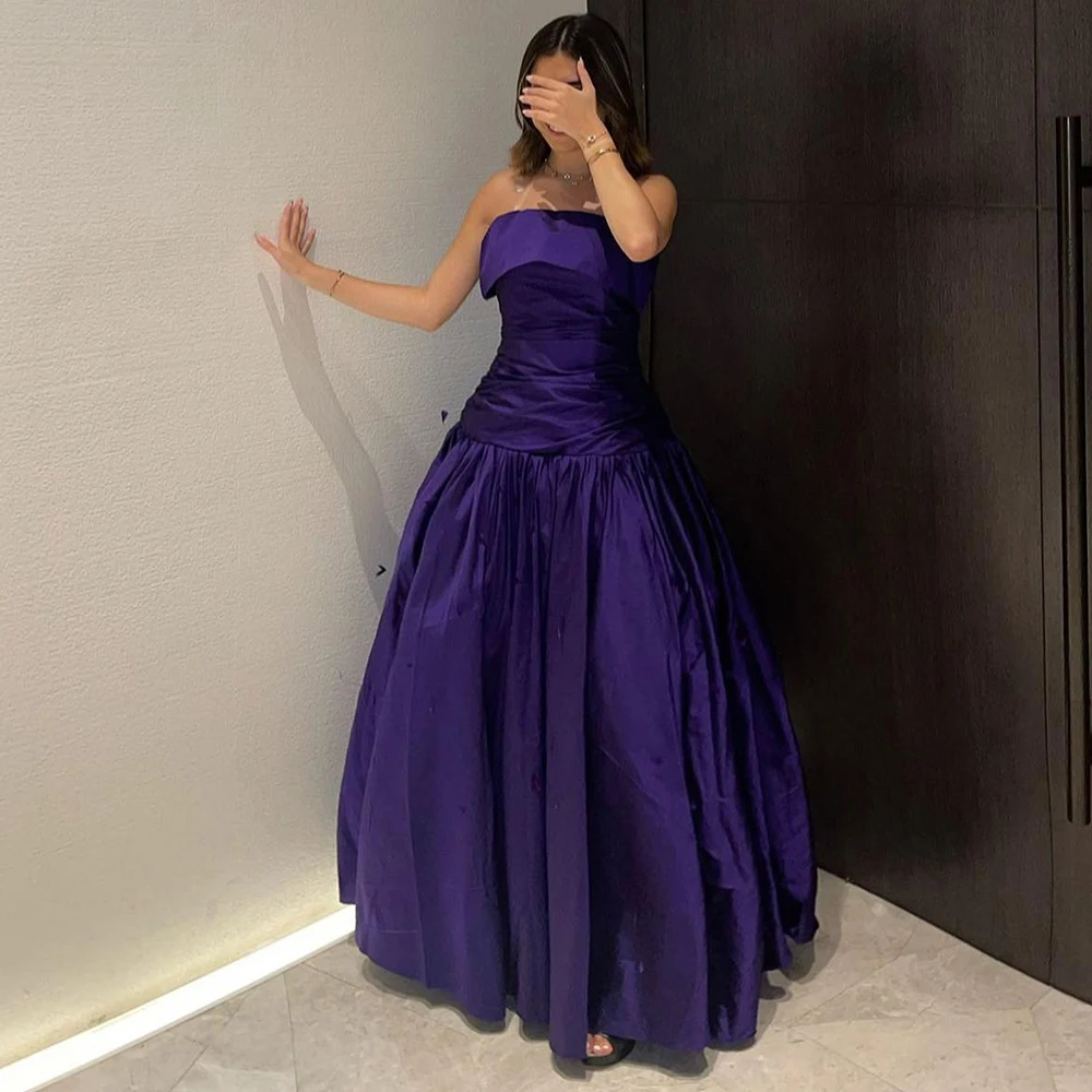 

Customized Classic Ankle Length Strapless Pleats Evening Dress Temperament A-Line Satin Purple Party Gown vestidos para mujer