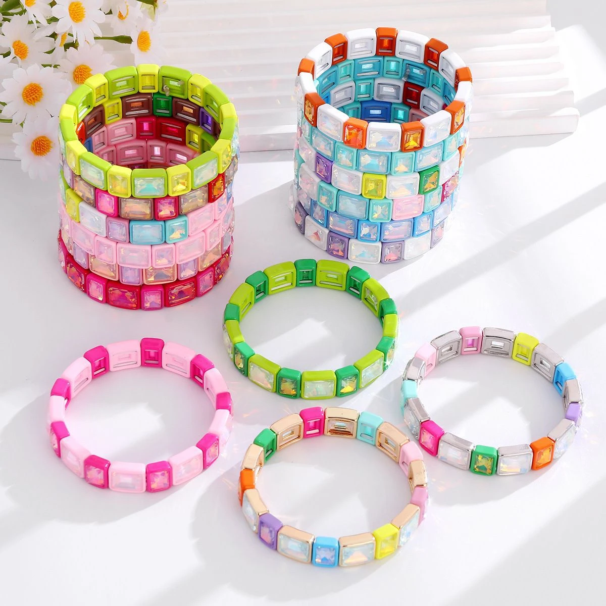 enamel tile bead bracelet For Women Rainbow Color Matched Boho Elastic Bangle Gift Beads Bohemian Jewelry