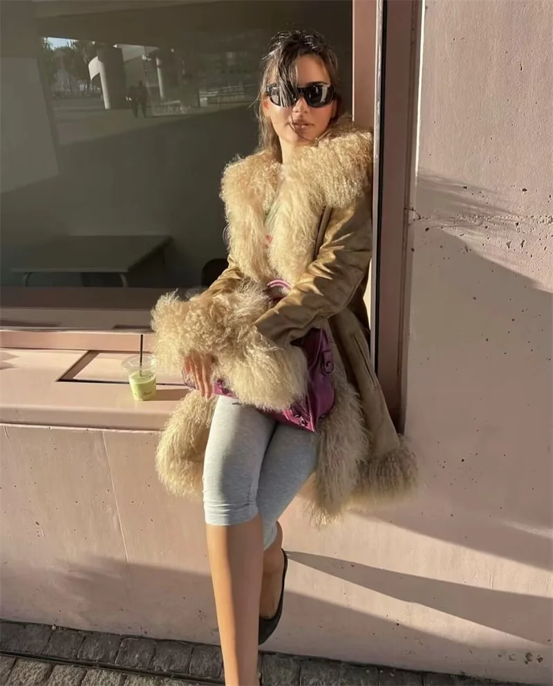 Abrigo elegante de lana de retales de piel sintética para mujer, abrigos largos lisos de manga larga con solapa para mujer, prendas de vestir femeninas a la moda para Otoño e Invierno