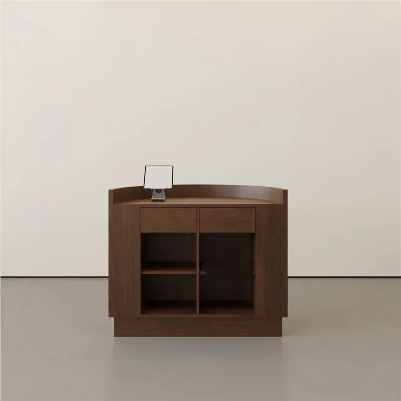 Modern Walnut Half Arc Bar Cabinet Small Reception Desk for Clothing Store Front Counter Checkout Guide Table