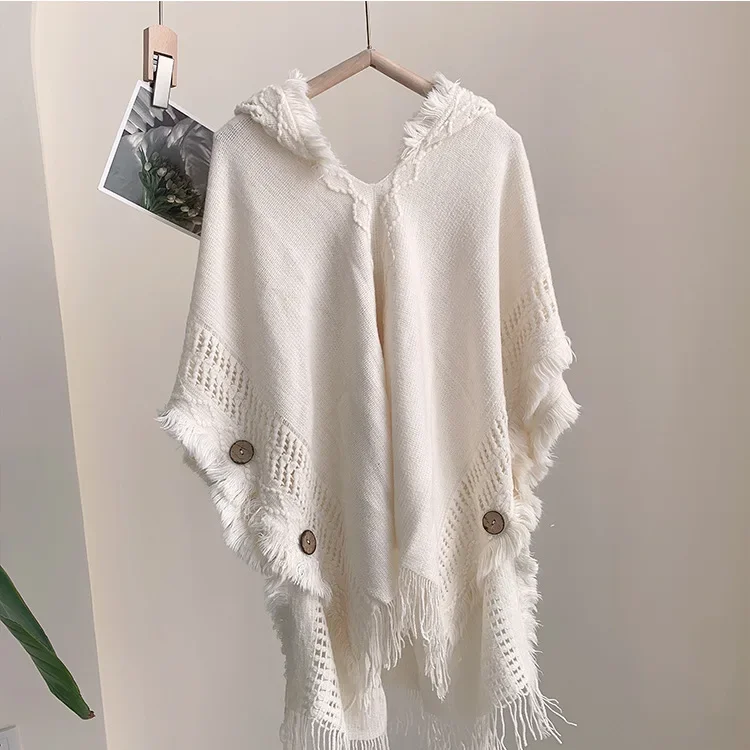 Spring Autumn Women Hooded Pullover Sweater Tassel Knitting Versatile Sunscreen Warmth European American Knitted Cloak Beige