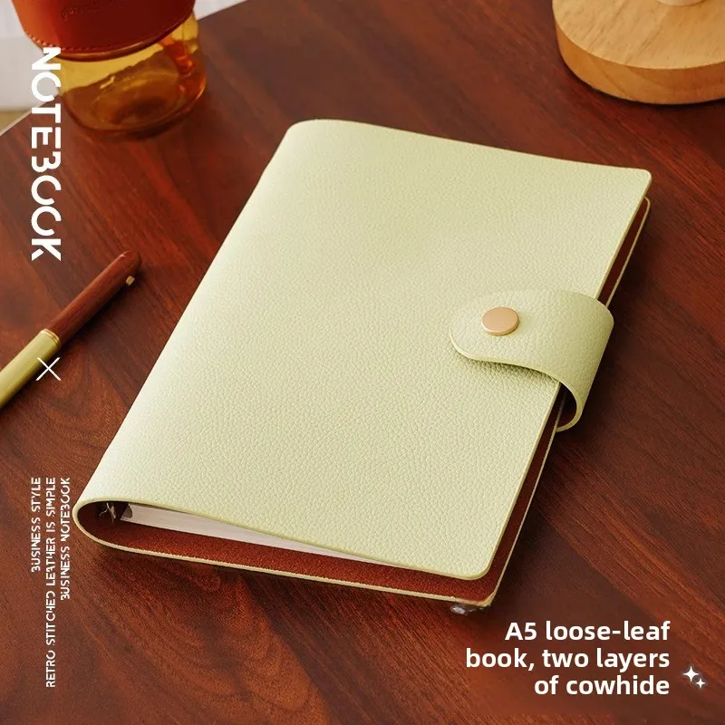 A5 Lychee Texture Loose Leaf Notebook with Snap Buckle, Refillable Leather Texture Journal with 100 gsm Cream Paper, Removable