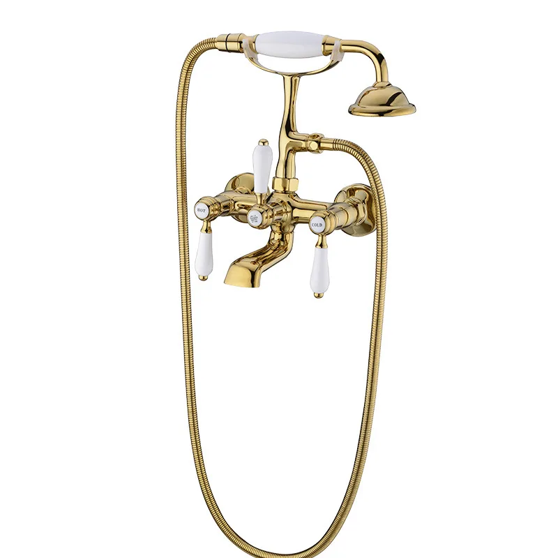 

Gold Bathtub and Shower Faucet Set Wall Mounted Chrome Top High Quality Ceramica Handle Europe Style Shower Faucet Set