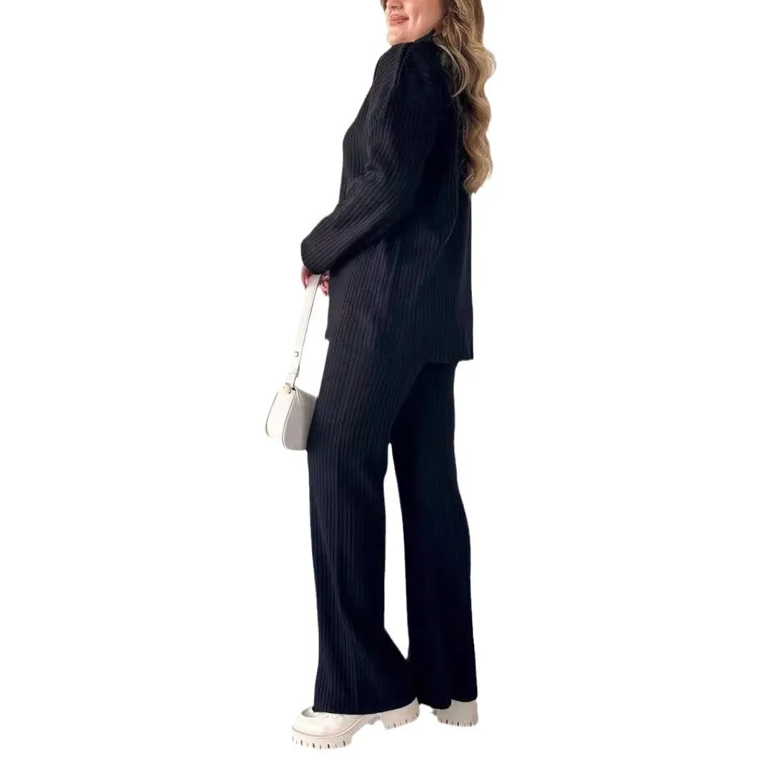 Women's Spring Autumn Winter Long Sleeve Solid Color Zipper Knit Top and Long Pants Matching Two-Piece Set with Ribbed Texture