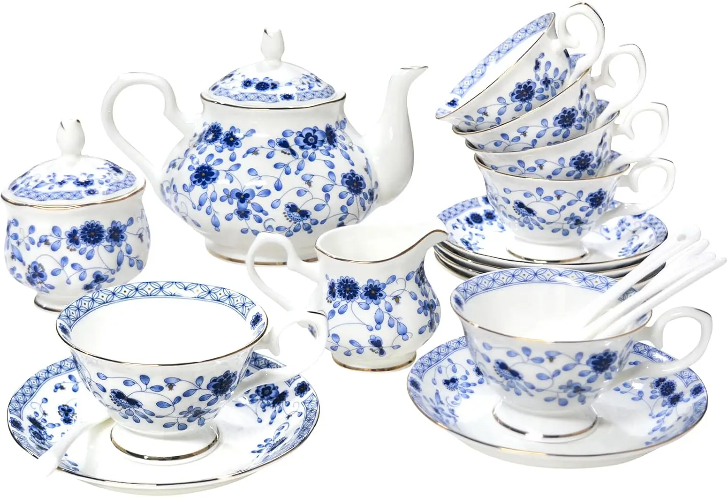 

21-Piece Bone China Tea Set for 6, Teacups & Saucers with Teapot, Spoons, Sugar Bowl, Creamer, Vintage Floral Gift Box