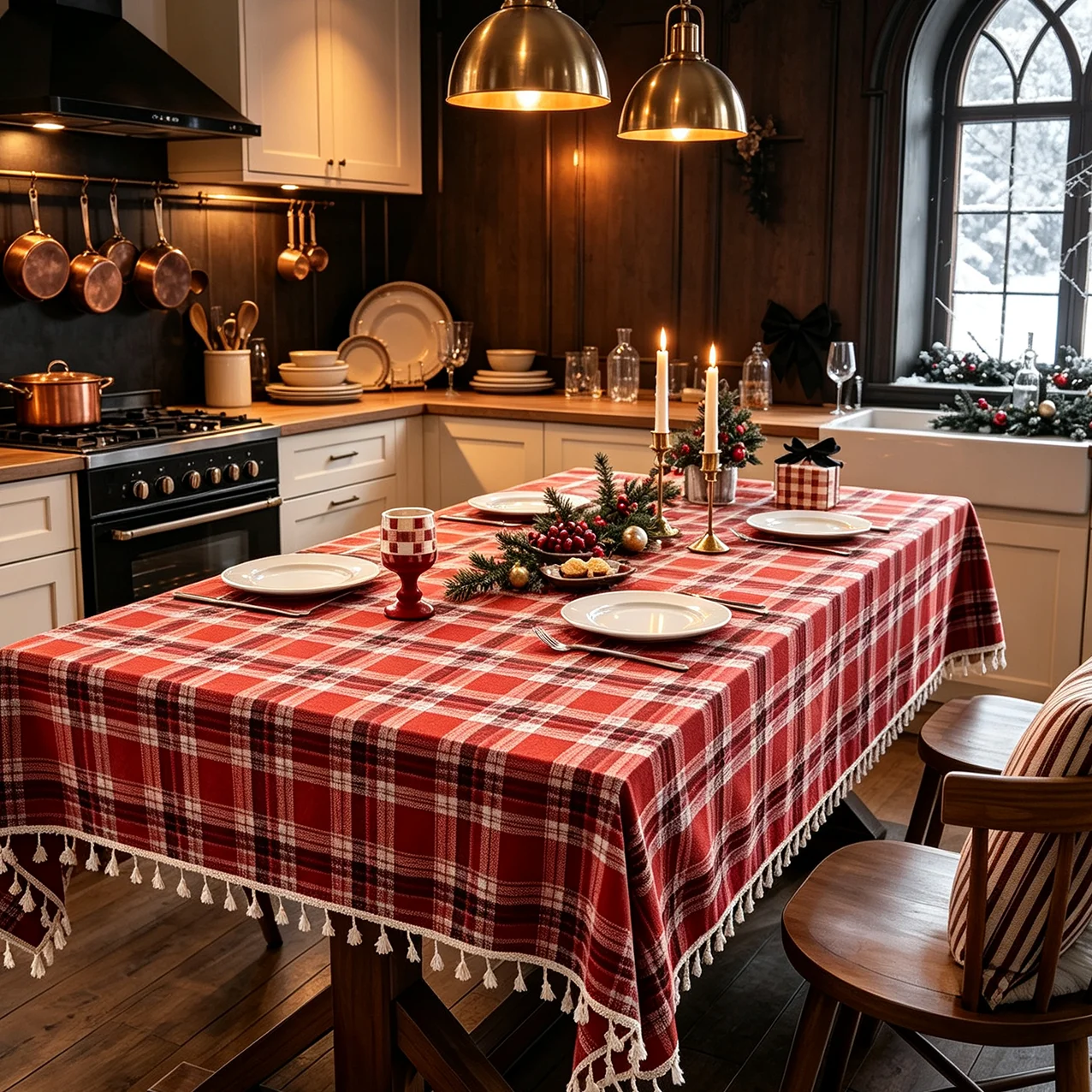 1pc Christmas Red Plaid Tassel Tablecloth, Dining Table Decor Cloth, Kitchen Living Room Xmas Holiday Party Table Cover