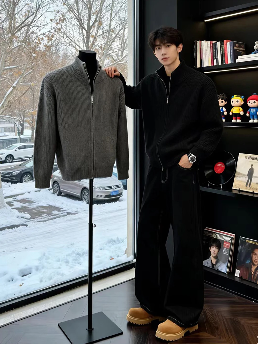 

Cleanfit Double Zipper Open Cardigan Sweater Men's Winter Korean Sle Lazy Knitted Sweater High-End Heavyweight Thi Coat