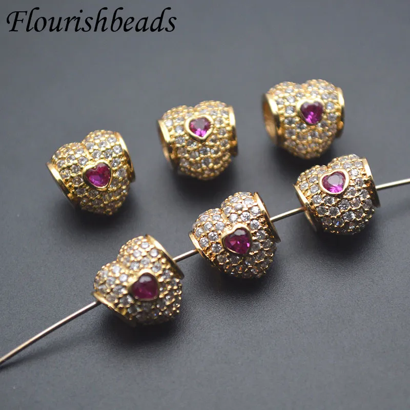 10pc 10mm 18k Gold Plated Garnet Color CZ Heart Shape Big Hole Metal Spacer Beads for DIY Bracelet Jewelry Making