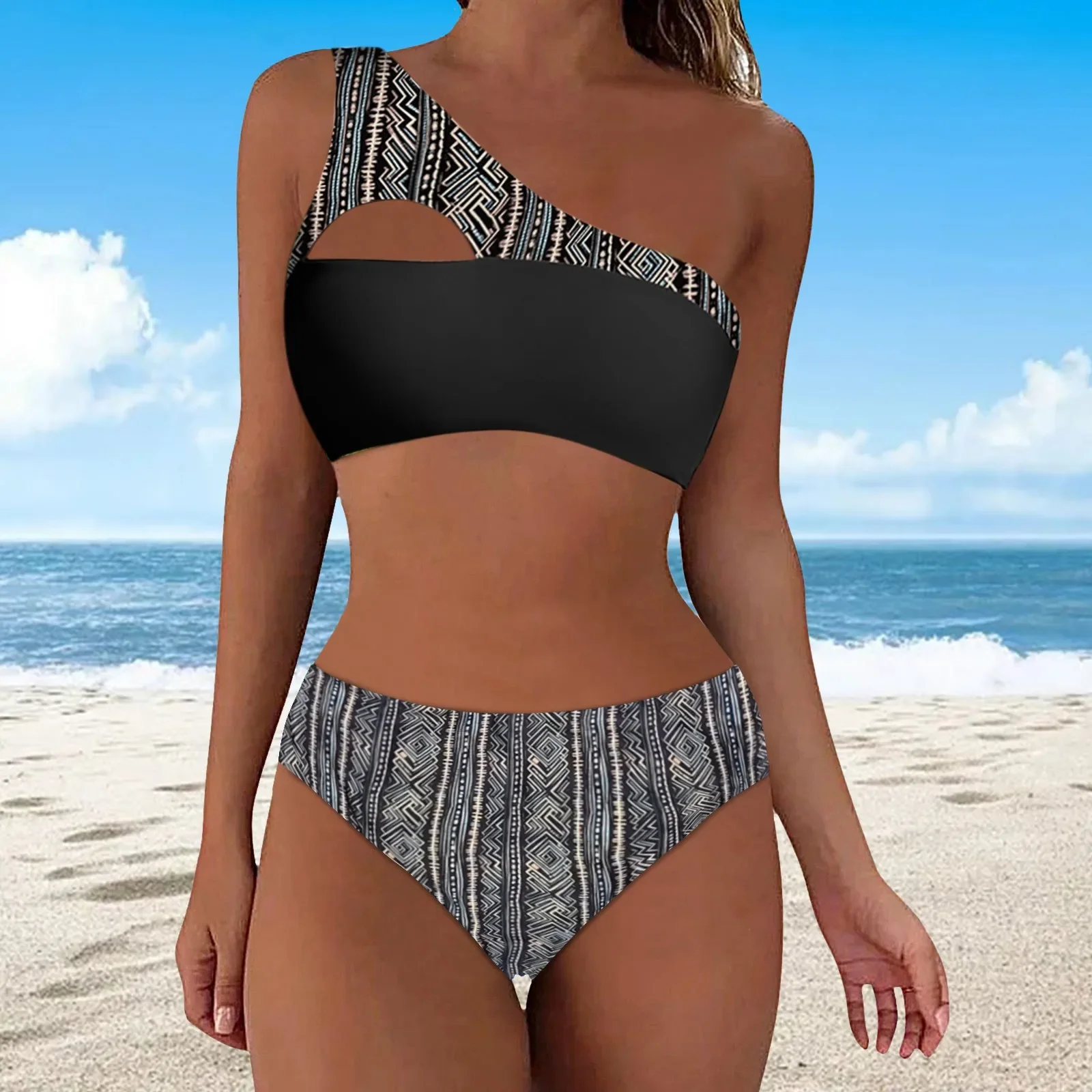 Женские комплекты бикини, двусторонний топ с вырезом на одно плечо и средней талией, женские шорты из двух предметов, купальник с лямкой на шее, купальник из двух предметов