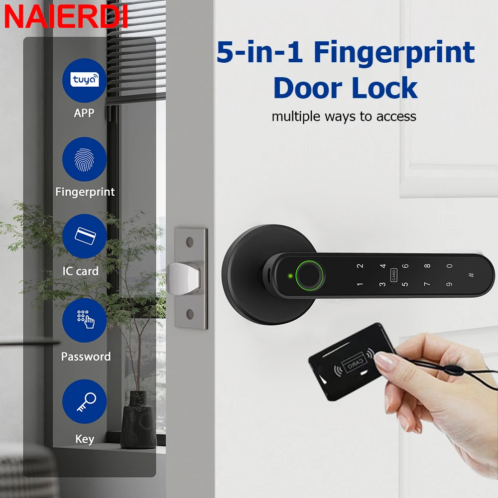 

NAIERDI 5-in-1 Smart Fingerprint Door Lock Tuya APP Bluetooth Keypad IC Card Keyless Digital Door Knob for Hotel Office Bedroom