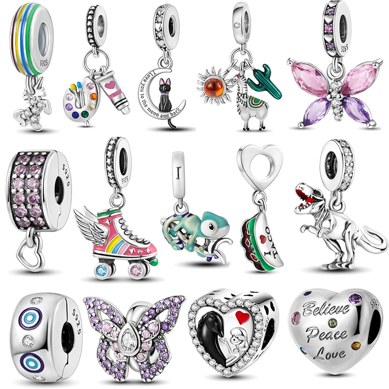 

Real 925 Silver Sparkling Charm Beads Skating Shoes Chameleon Palette Dinosaur Butterfly Fit Original Pandora Bracelet Jewelry