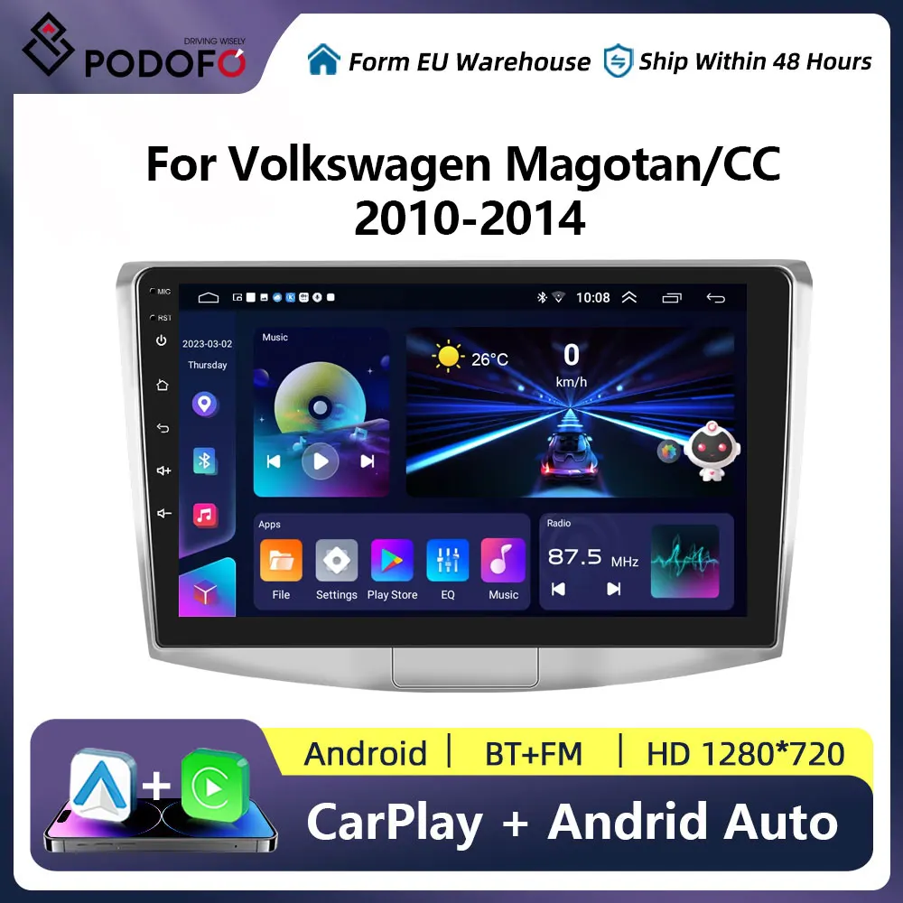 Podofo Android Car Multimedia Radio for Volkswagen Magotan Passat B7 B6 CC 2010-2015 AI Voice Navigation GPS Carplay Stereo