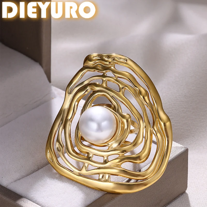 DIEYURO 316L Stainless Steel Golden Geometric Hollow Dream Catcher Texture Inlay Pearl Opening Ring Lady Classic Jewelry Gift