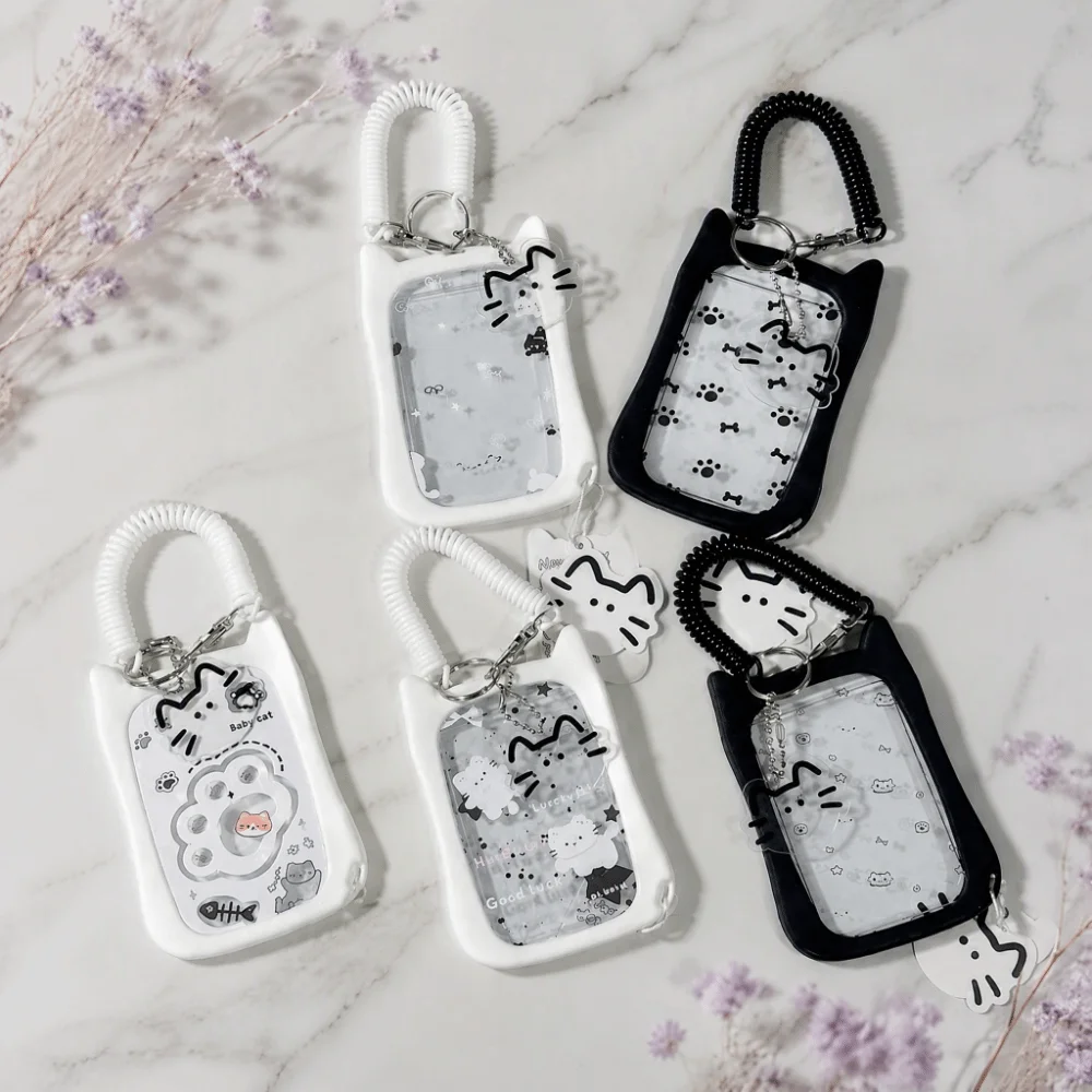 Women Transparent Photo Card Keychain Hanging Rope Waterproof Cat Ear Card Holder Cartoon Durable Student ID Card Cover Bus