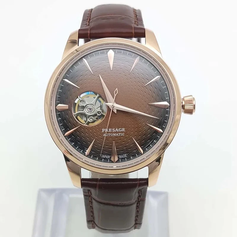 PARNSRPE Cool Men's Business Rose Gold Watch, Brown Leather Strap, Transparent Case Back, Men's Automatic Mechanical Watch