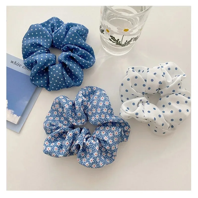 Women\'s Hair Band Fashion Blue Flower Scrunchies Sweet Girl Hair Ties Ponytail Hairband New Headwear Hair Accessories