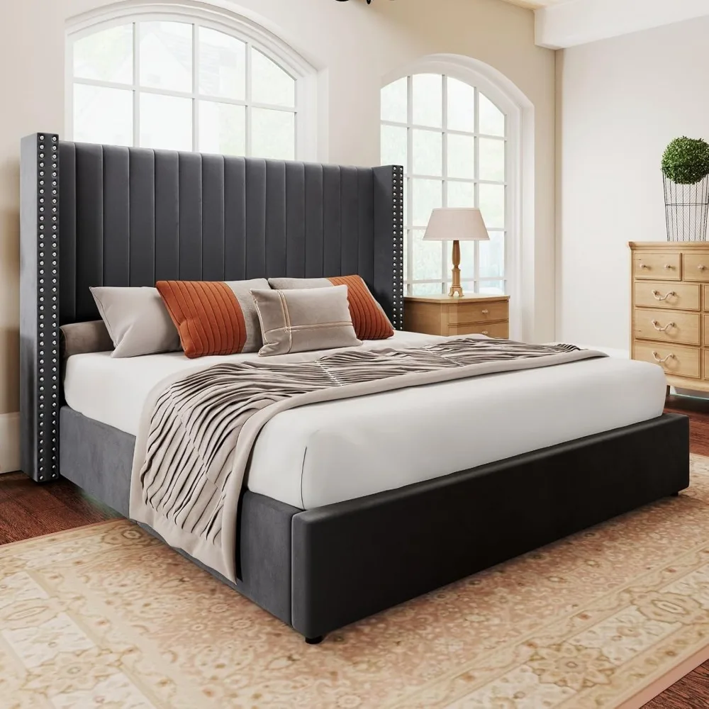 Bed Frame, Queen, Elevated Storage, Velvet Platform with Tufted Headboard, No Springs Required, Platform Bed Frame