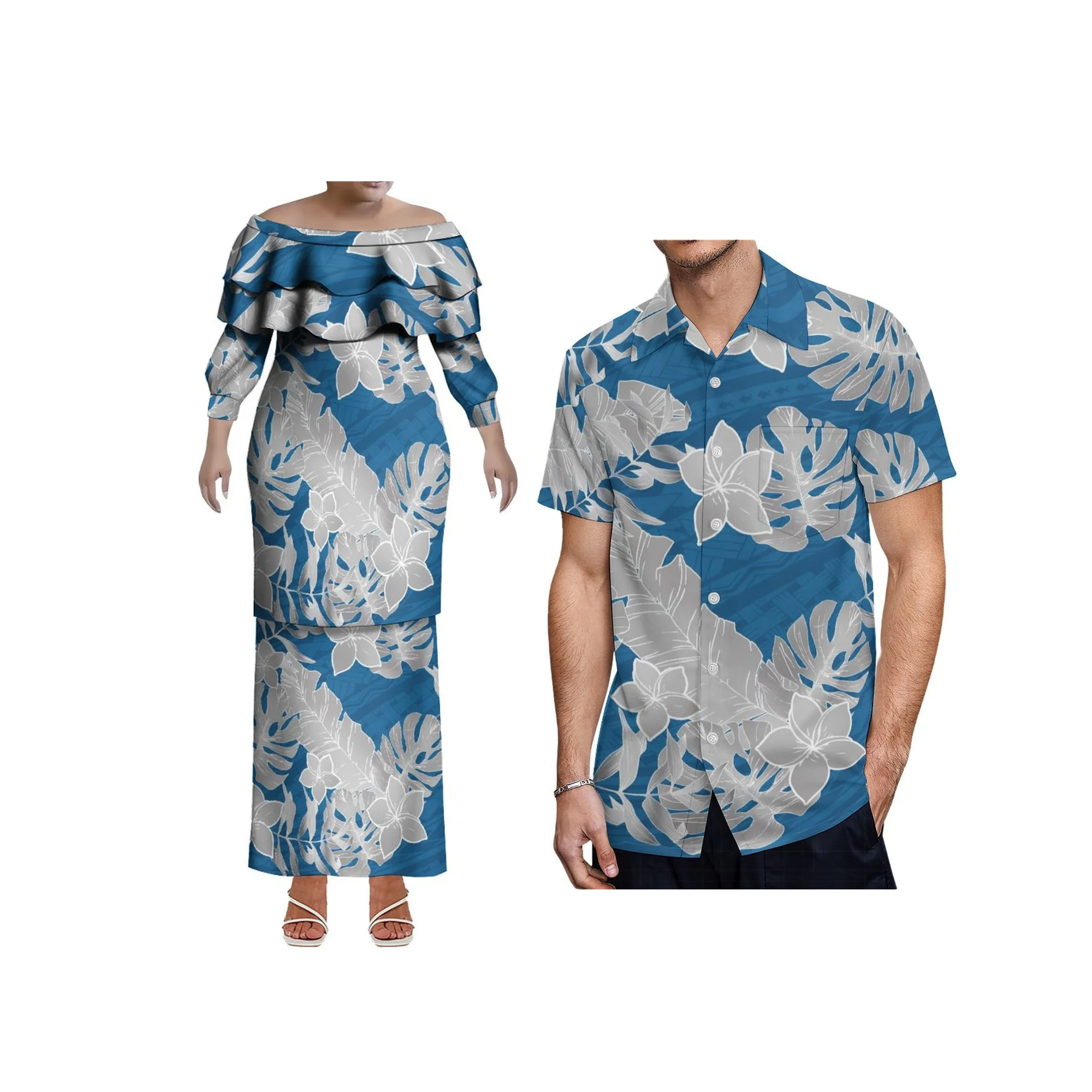 Vestido plissado de camada dupla personalizado, vestido polinésio puletasi, tamanho grande, vestido de um ombro, conjunto de saia, top e saias