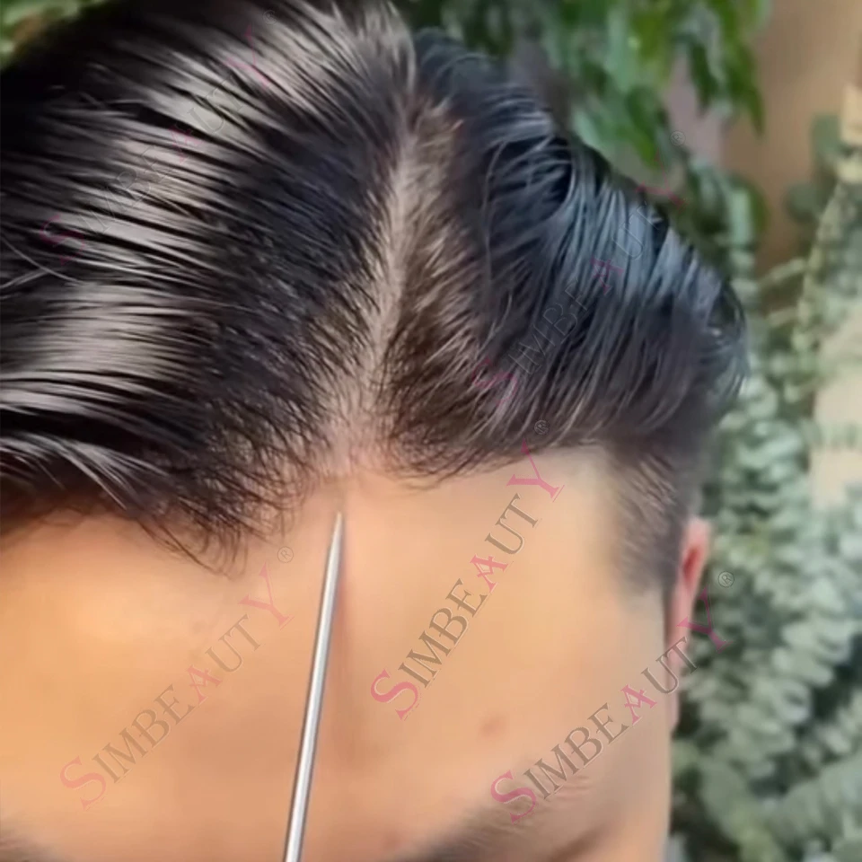 

Мужской парик из 100% натуральных человеческих волос, черный, с естественной линией роста волос, темно-коричневый 1b50, на полиуретановой основе, для длительного ношения