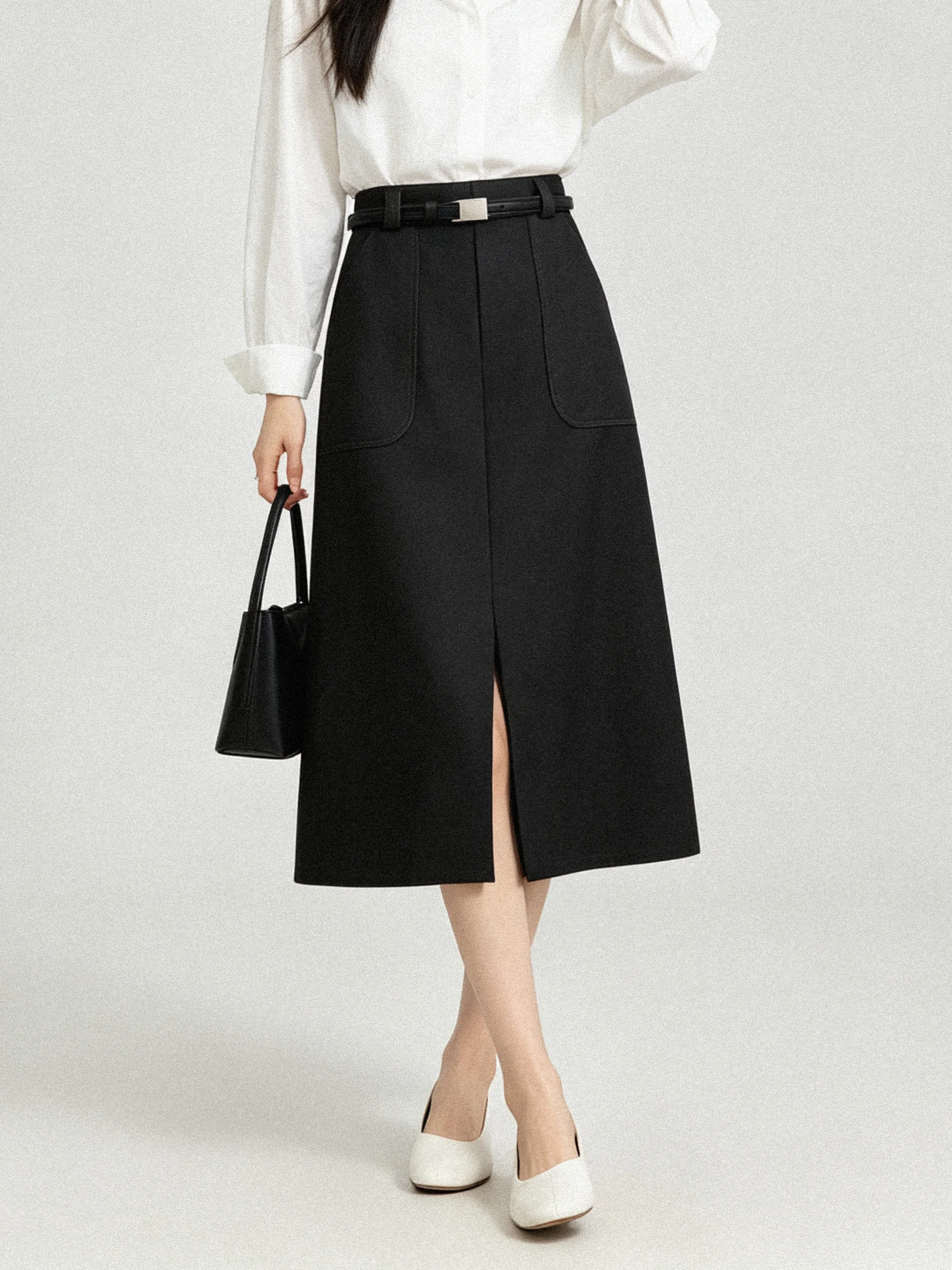 Simple  Color Casual Korean Style A-Line Midi Skirt Women Slimming Split Mid-Length Autumn Versatile Low Waist Skirt