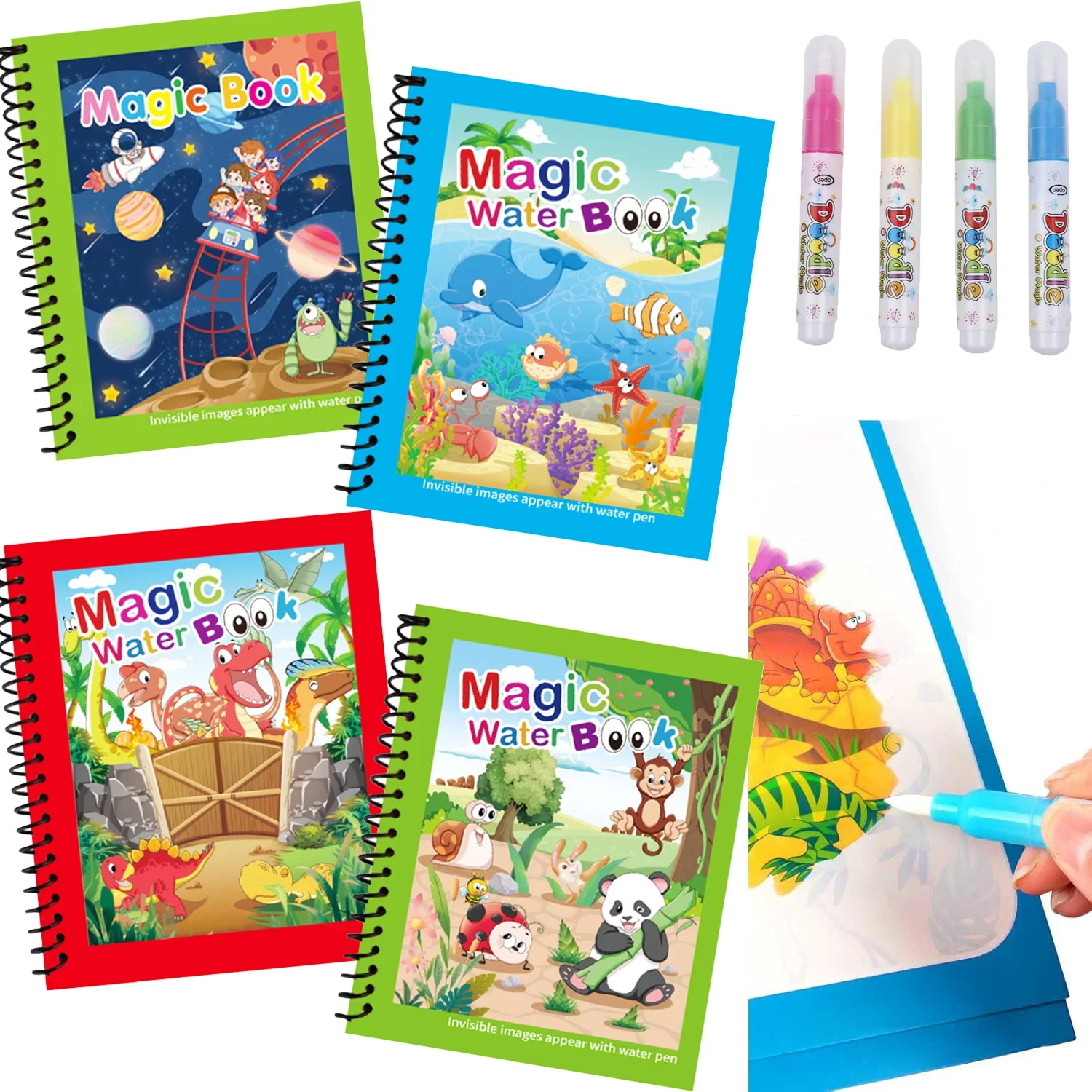 Magic Water Painting Book Reusable Water Coloring Book with Refillable Pen Early Education Drawing Toy for Kids Sensory Learning