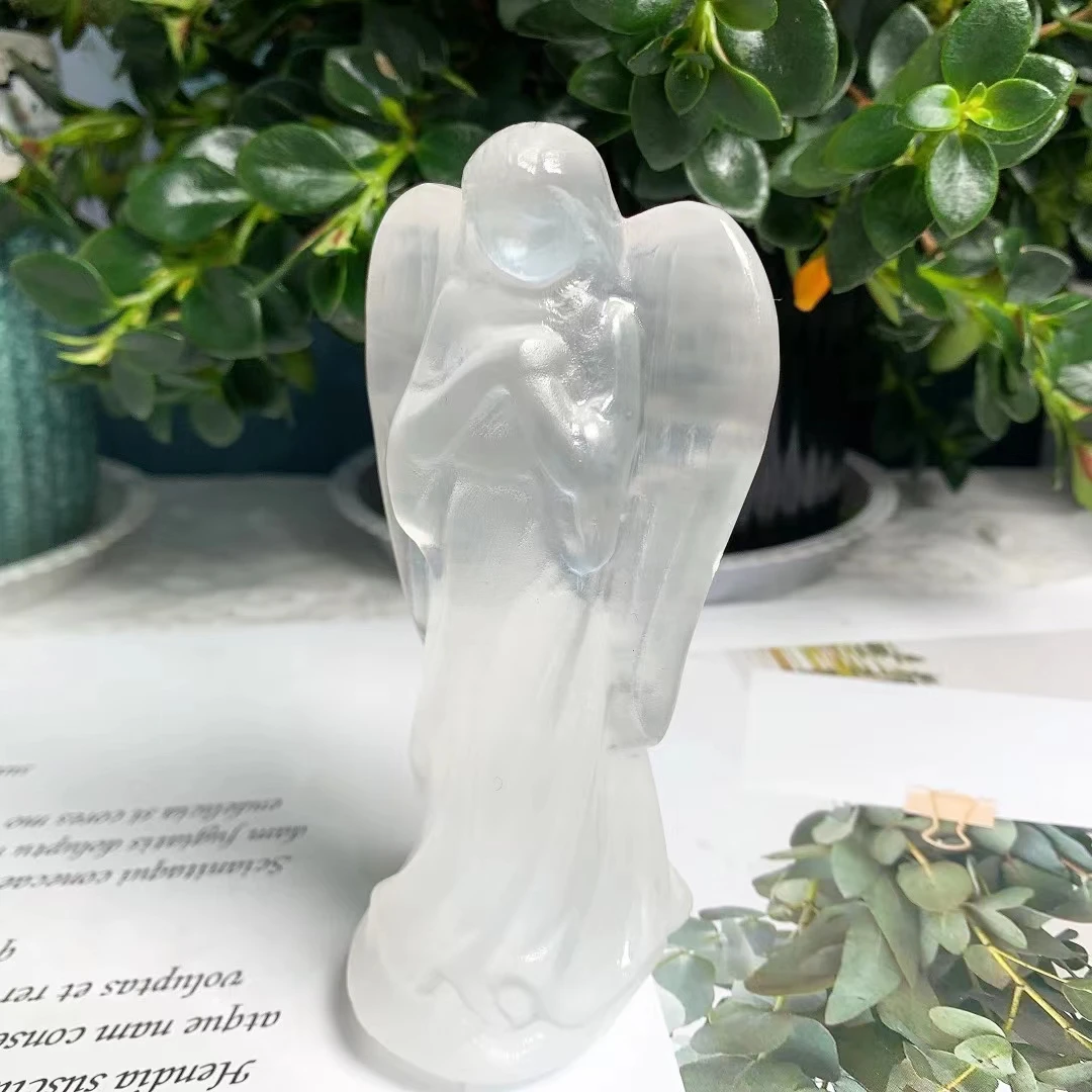 120mm Guardian Angel Figurine Natural White Selenite Raw Crystals Hand Carved Gypsum Crystal Healing Stone Home Decor DIY Gifts