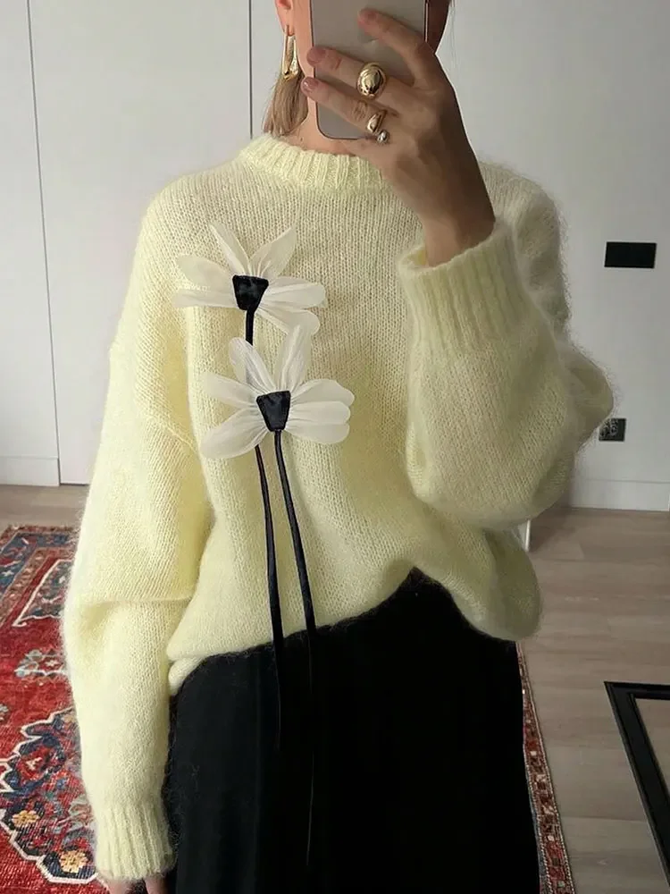 

Поп-новый элегантный свитер с длинными рукавами и трехмерными цветами, свободный мягкий желтый теплый пуловер, топ с круглым вырезом, простой трикотаж Fe