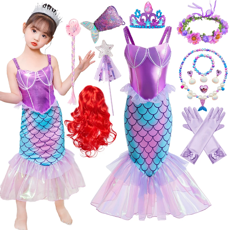 Girl Ariel Cosplay Mermaid Birthday Party Dress Ruffle Floral Print Mermaid Tail Costume Princess Fantasy Outfits Halloween Set