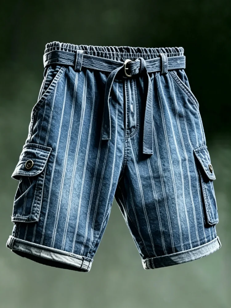 

Mens Cargo Shorts Stripe Print Elastic Waist Loose Fit Casual Workwear Shorts with Belt