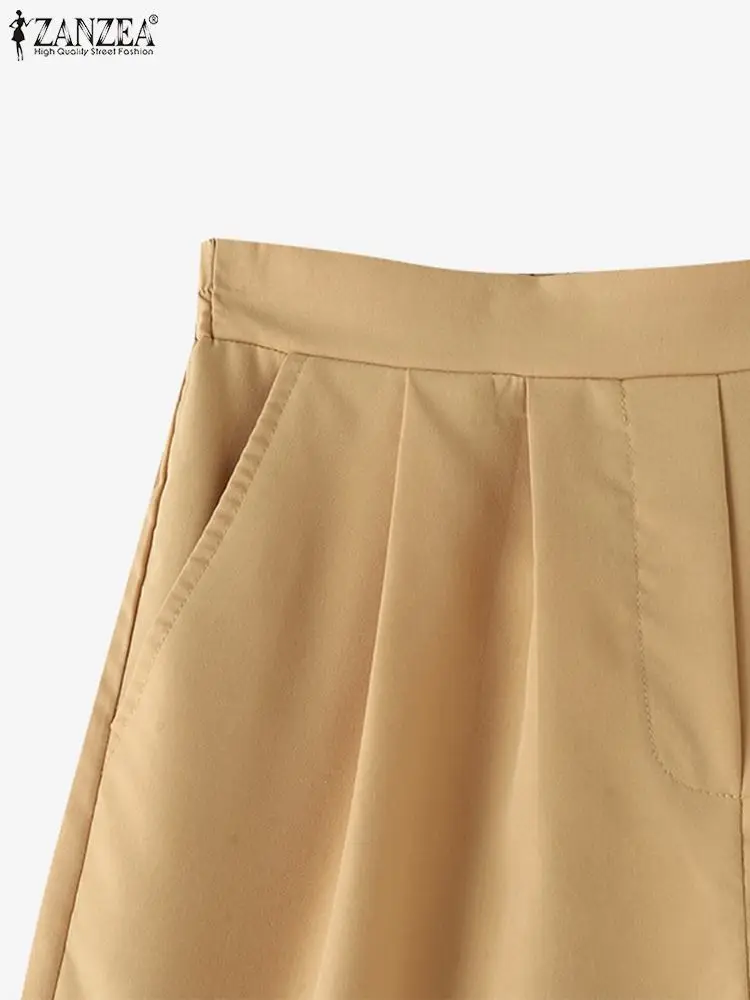 ZANZEA pantaloncini elastici in vita da donna 2024 pantaloni estivi coreani a gamba larga pantaloni larghi casuali con tasche pieghettate per le vacanze