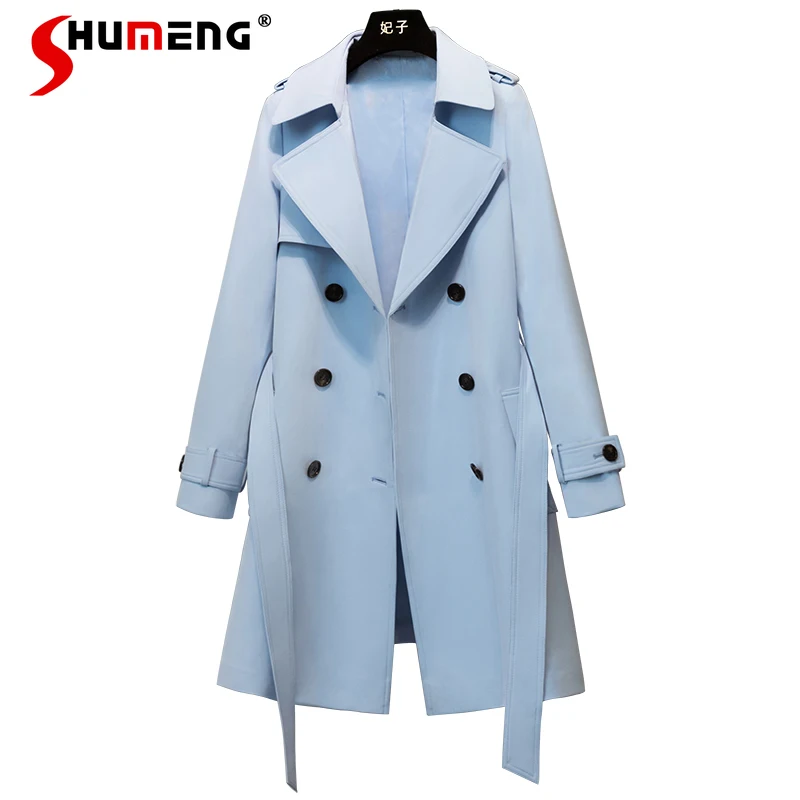 

Classic Simple Elegant Trench Coat Women's Mid-Length Double Breasted 2023 Spring New Sky Blue Windbreaker Top Overcoat Outwear