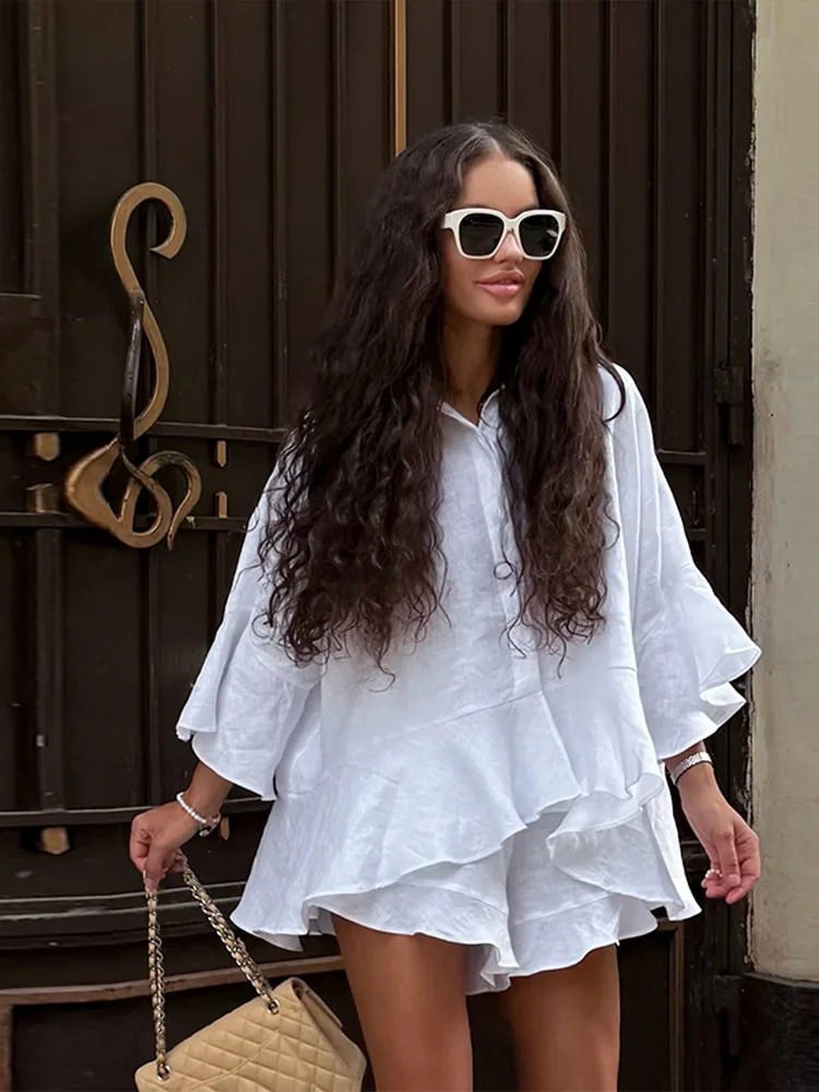 

Women Casual White Shirt Shorts Set Loose Lapel Single Breasted Long Sleeves Patchwork Ruffle Tops Suits New Fashion Streetwear