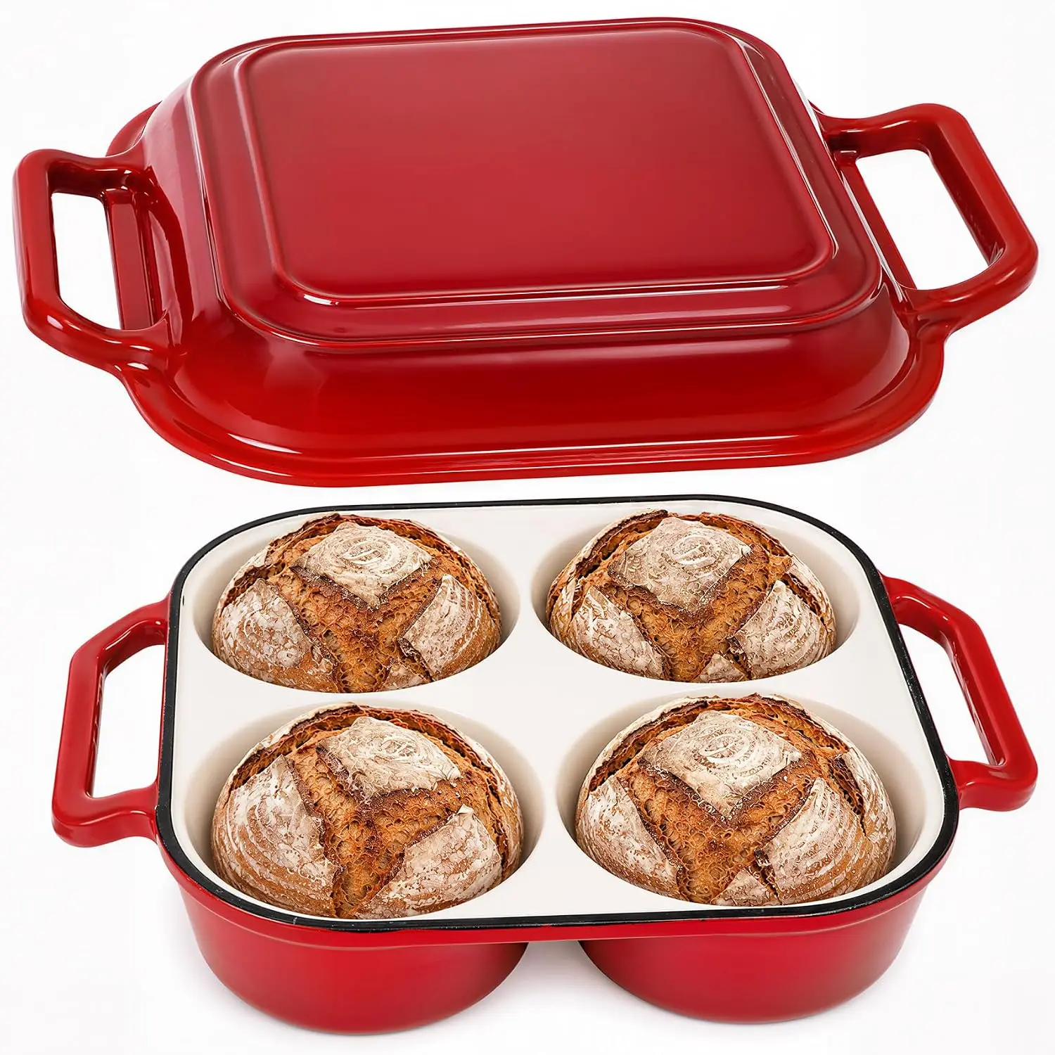Double Dutch Oven Enamel Cast Iron Bread Pan with 4 Loaf Cavities Nonstick Coating for Artisan Mini Loaves 500°F Safe