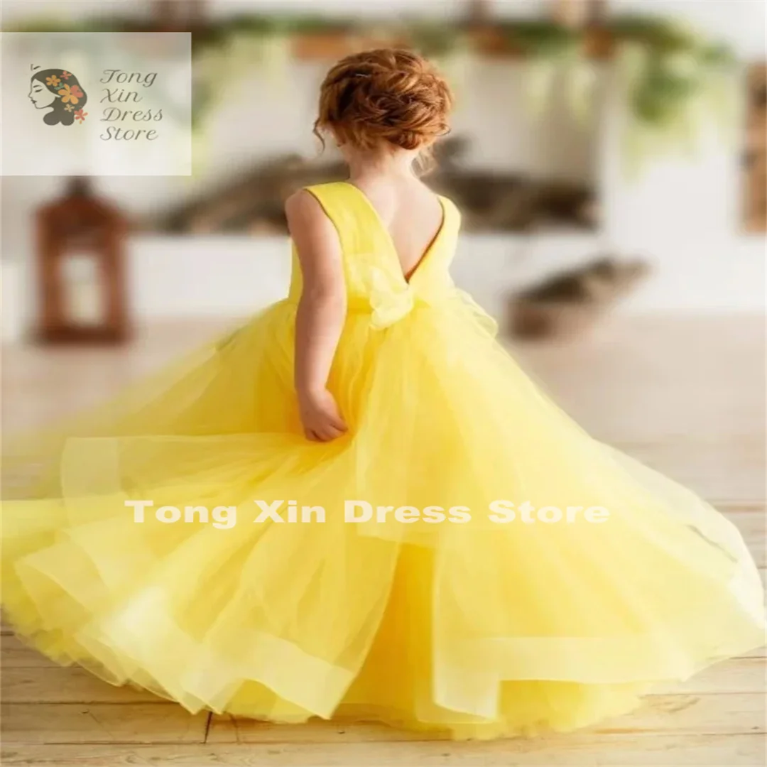 Wedding Birthday Party Flower Girl Dresses Yellow Tulle Puffy Solid With Tailing Sleeveless For Banquet Princess Gowns