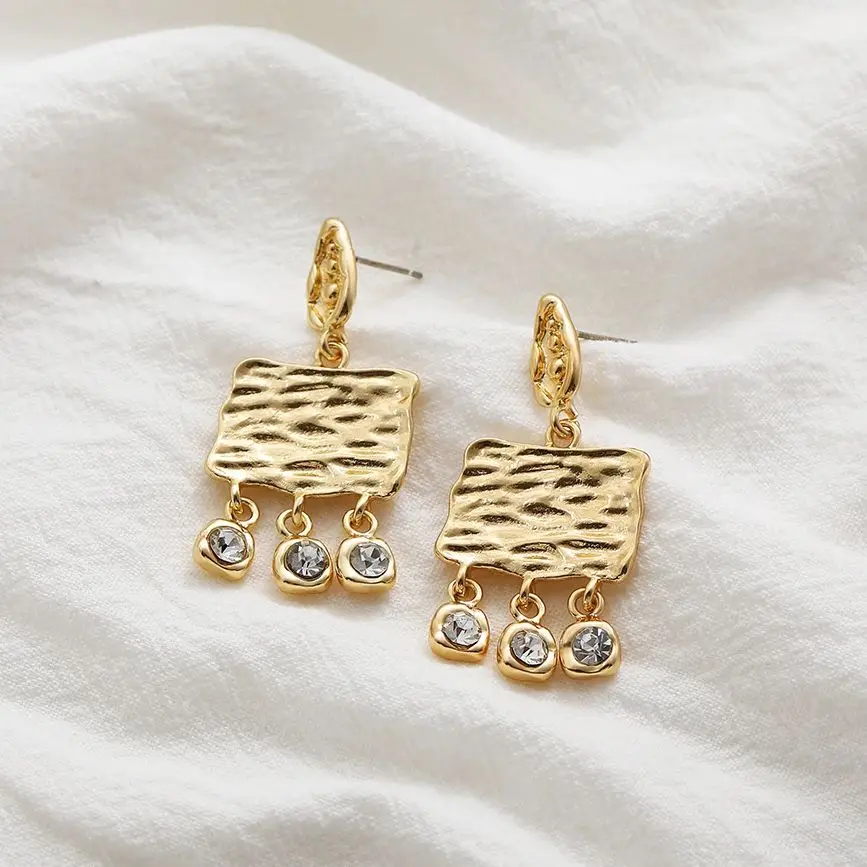 Vintage Gold Farbe Peasecod Holzmaserung Platte Tropfen Ohrringe für Frauen Klassische Kristall Strass Quaste Baumeln Ohrringe Statement
