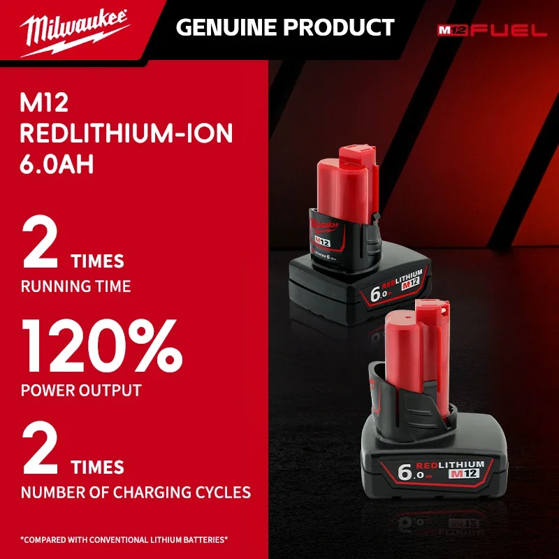 Baterie Milwaukee M18 M12 M12B6 M15B5 6000mAH 5000mAH, dobíjecí baterie pro nářadí, balení v barevné krabici, dlouhá výdrž 12V/18V - náhled 5