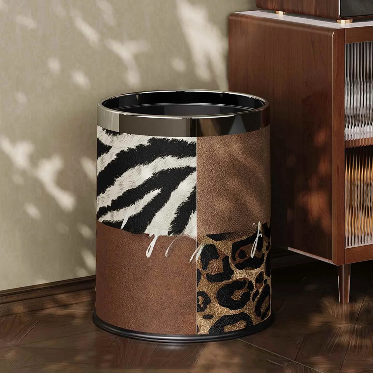 

Luxury Large Capacity Double Layer Leather Trash Can Bedroom Living Room Bathroom Universal Vintage Style Family Cleaning Tool