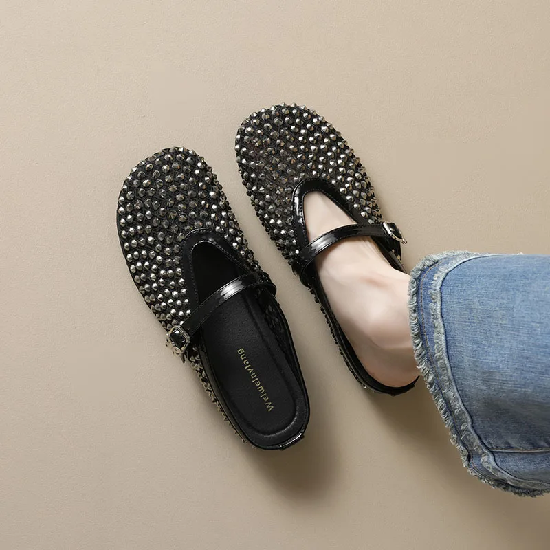 Women Rhinestone Mesh Breathable Fishnet Half Slippers Fashion Versatile Anti-slip Soft Soled Mary Jane Mules Shoes for Women 42