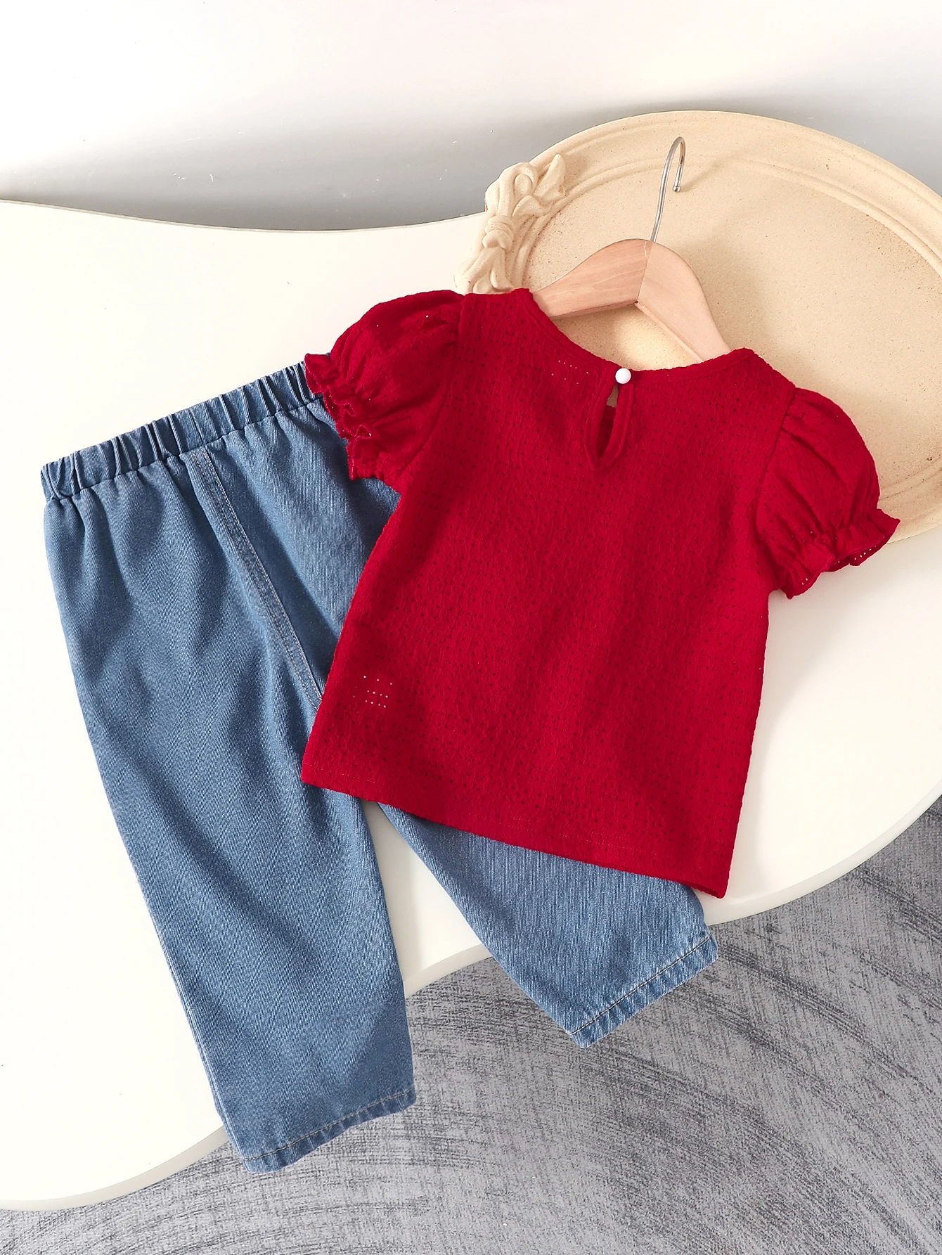 Fashion Infant Girl Summer Set Puff Sleeve Red Top Bow‑Trim Jeans