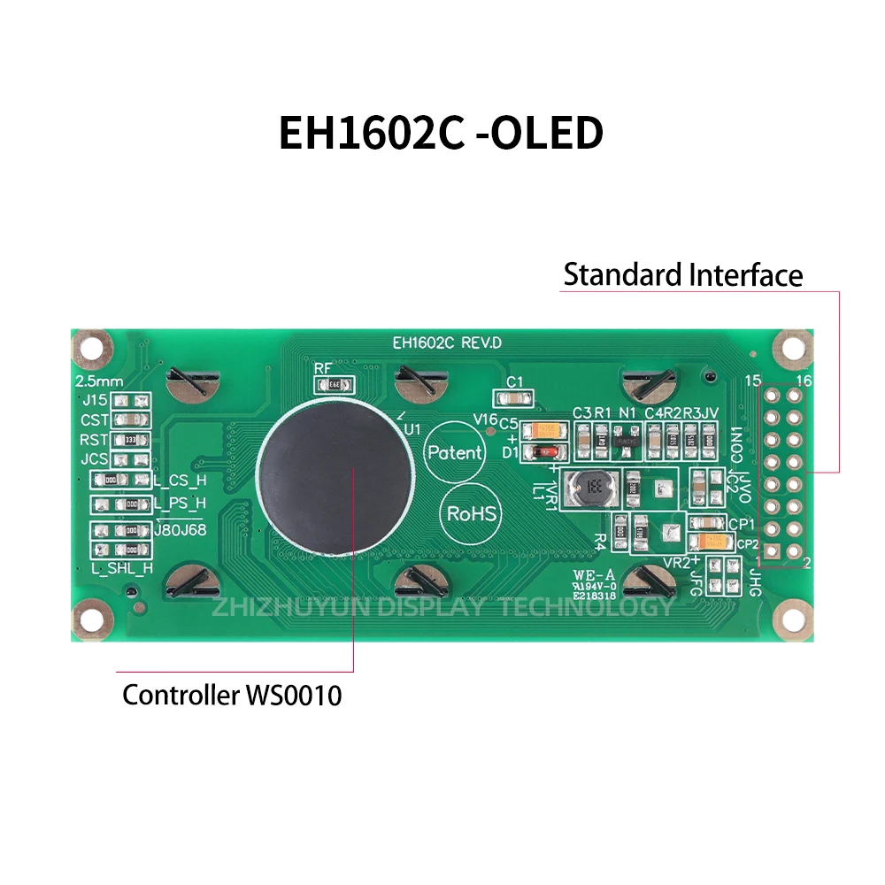 Imagem -02 - Interface Paralela Compatível com 1602 Construído em Tela Ws0010 Oled Filme Preto Letra Amarela Eh1602c 16pin