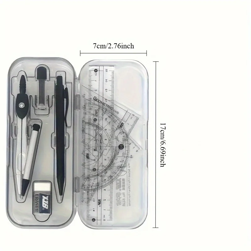 Compass and Ruler Set, Geometry Math Kit with Protractor, Triangles & Eraser, Essential School Supplies for Students, Office