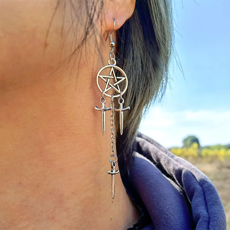 Gothic Pentagram Swords Earrings For Women Silver Color Huggie Hoops Dangle Witchy Jewelry Accessories Punk Goth Halloween