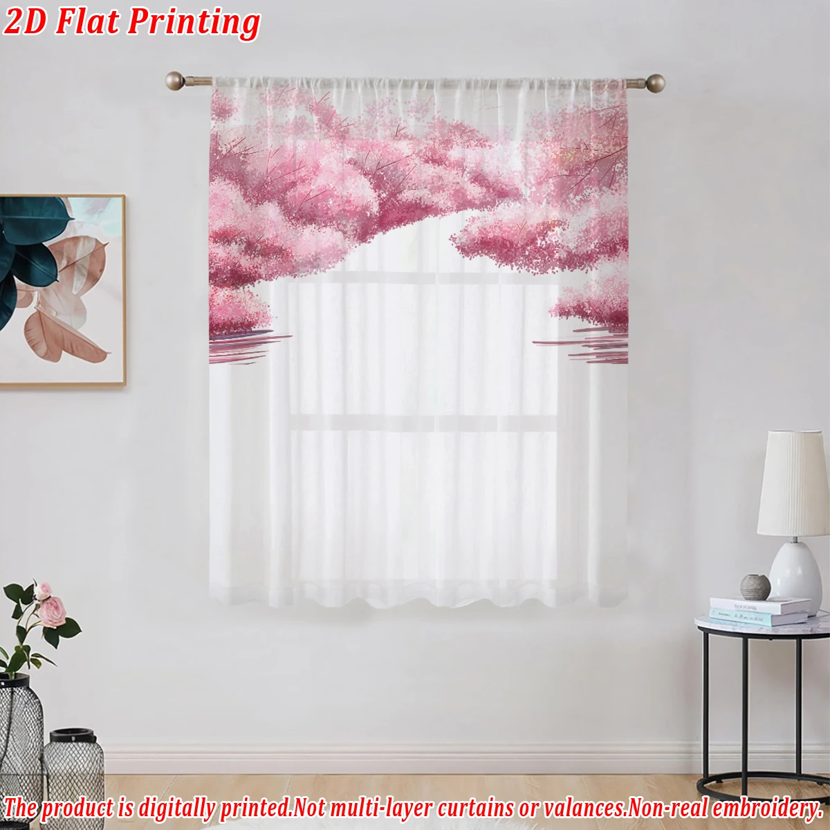 ستارة شفافة بطباعة مسطحة من أزهار الكرز الوردي، قماش خفيف، لغرفة المعيشة وغرفة النوم وديكور المنزل والنافذة