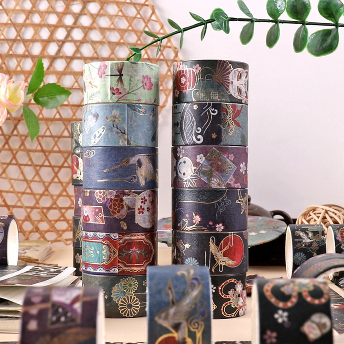 12 rolls of vintage pattern gold foil washi tape, animal floral pattern retro tape, for DIY journaling and stationery decoration