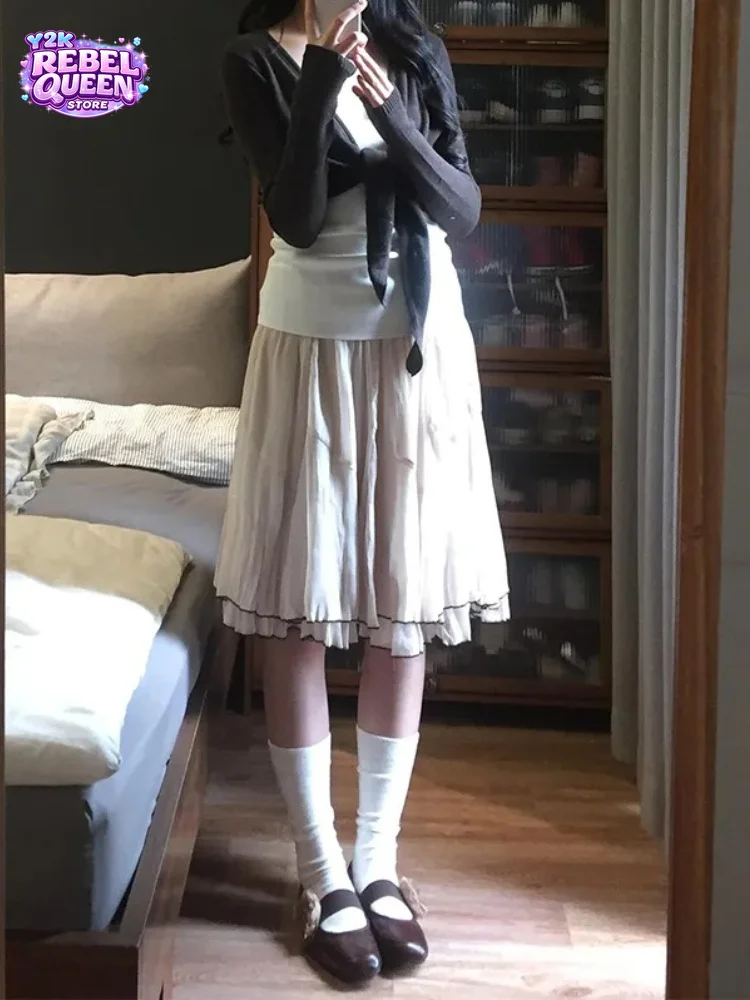 Japanese Y2K Sweet Retro Lady Midi Skirt Women Khaki Loose Pleated Tiered A-Line Skirt Harajuku Casual Chic Coquette Outfits
