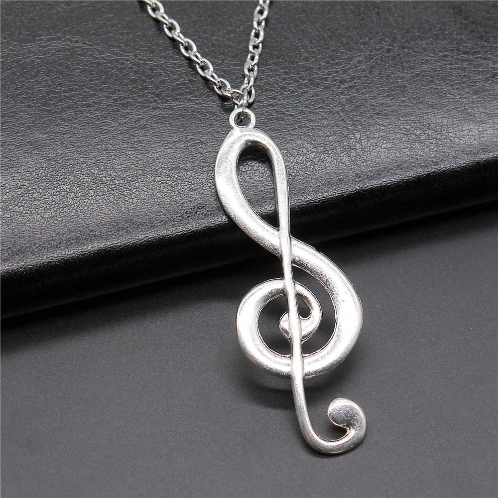 Vintage Antique Silver Plated 61x22mm Big Musical Note Pendant Necklace For Women Men Long Chain Trendy Jewelry Accessories